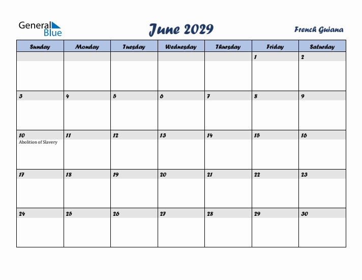 June 2029 Calendar with Holidays in French Guiana
