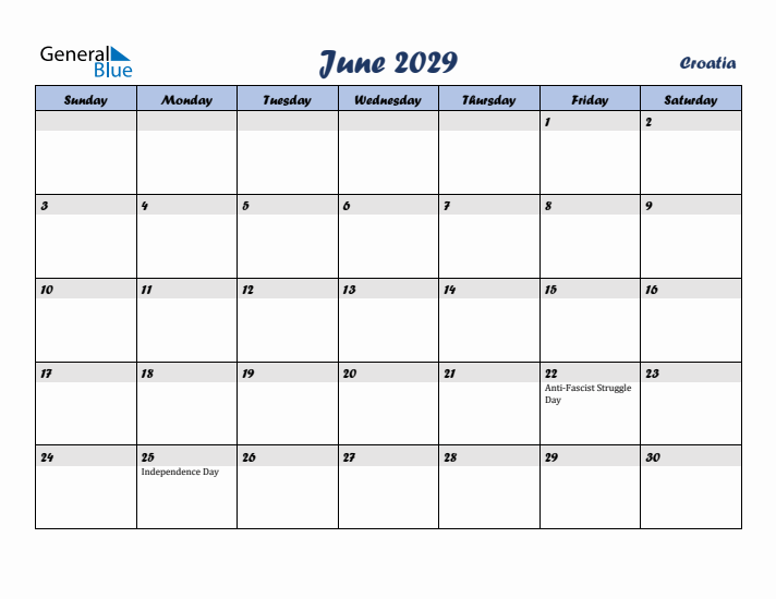 June 2029 Calendar with Holidays in Croatia