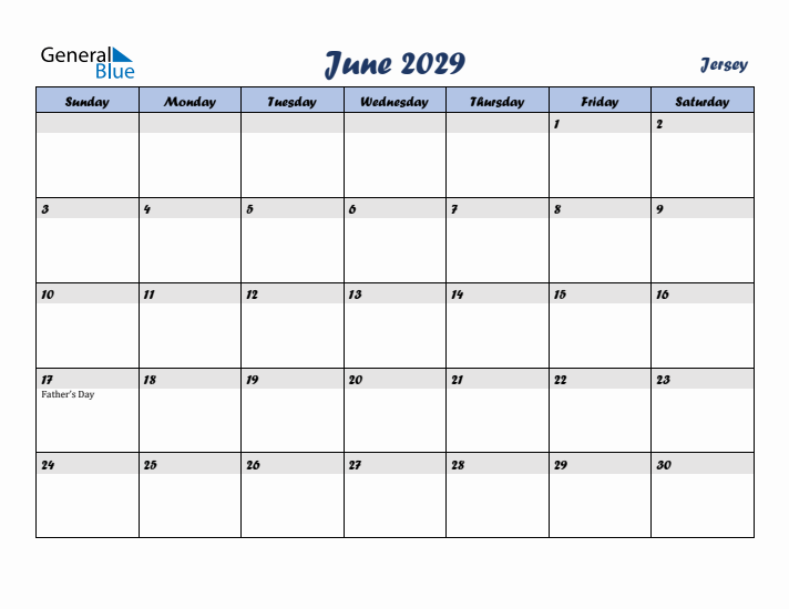 June 2029 Calendar with Holidays in Jersey