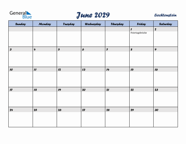 June 2029 Calendar with Holidays in Liechtenstein