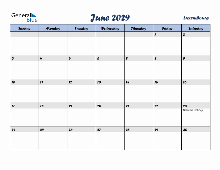 June 2029 Calendar with Holidays in Luxembourg