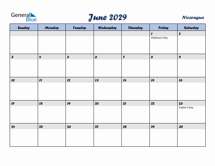 June 2029 Calendar with Holidays in Nicaragua
