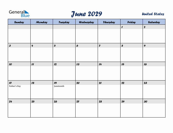 June 2029 Calendar with Holidays in United States