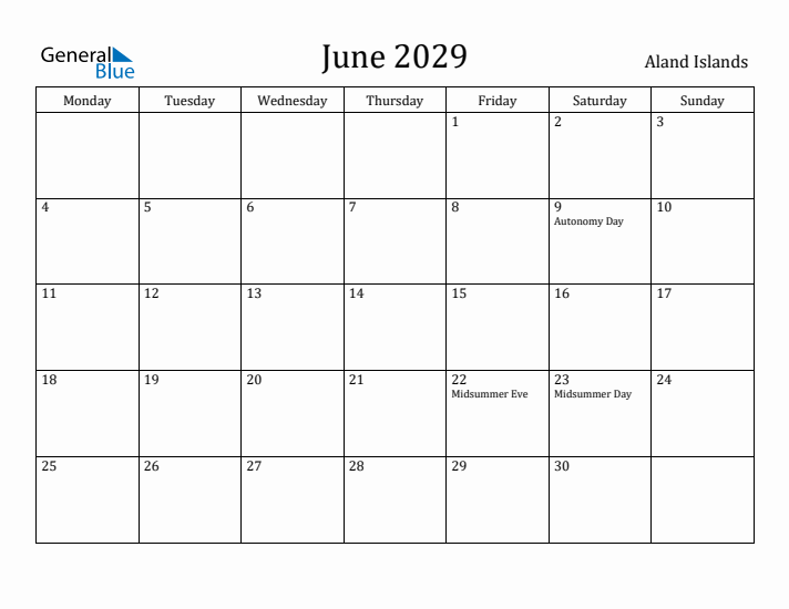 June 2029 Calendar Aland Islands