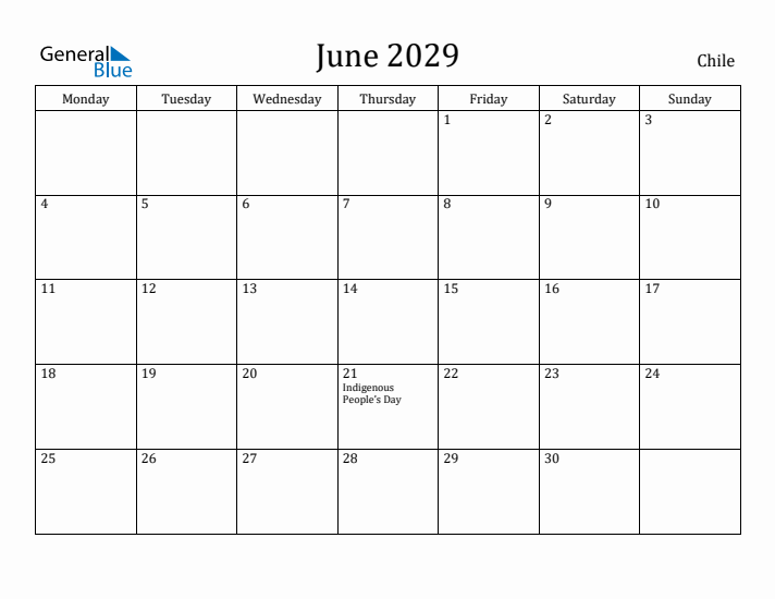 June 2029 Calendar Chile