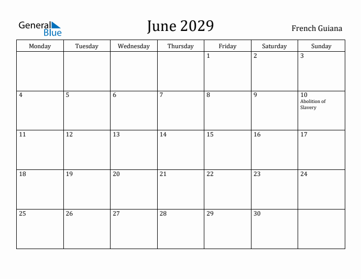 June 2029 Calendar French Guiana