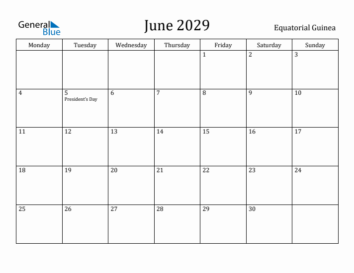 June 2029 Calendar Equatorial Guinea