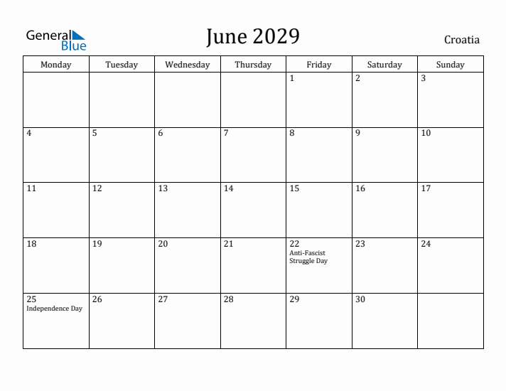 June 2029 Calendar Croatia