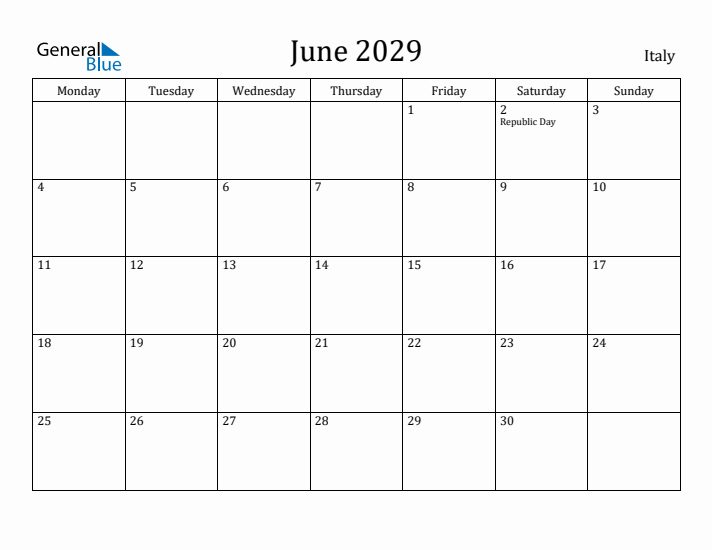 June 2029 Calendar Italy