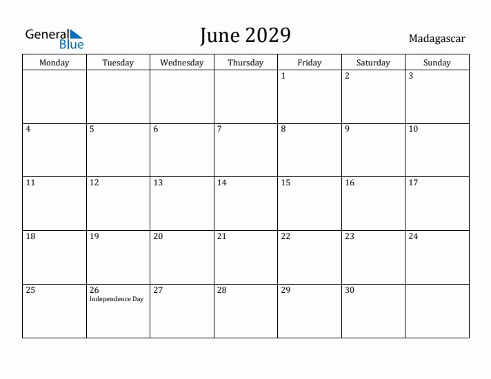 June 2029 Calendar Madagascar