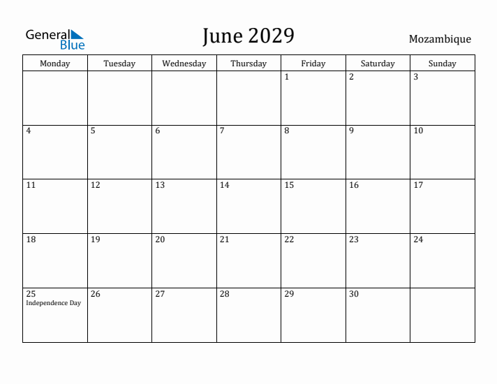 June 2029 Calendar Mozambique
