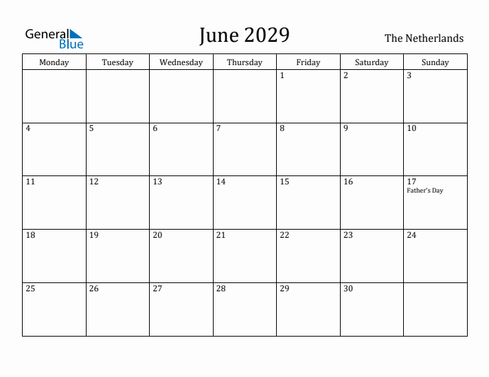 June 2029 Calendar The Netherlands