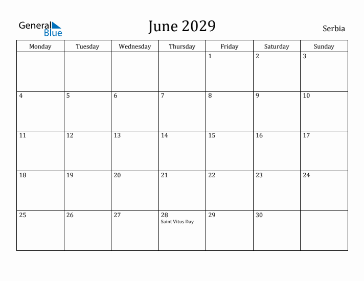 June 2029 Calendar Serbia