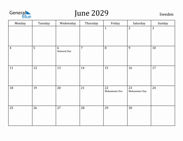 June 2029 Calendar Sweden