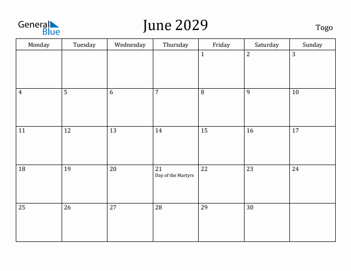 June 2029 Calendar Togo