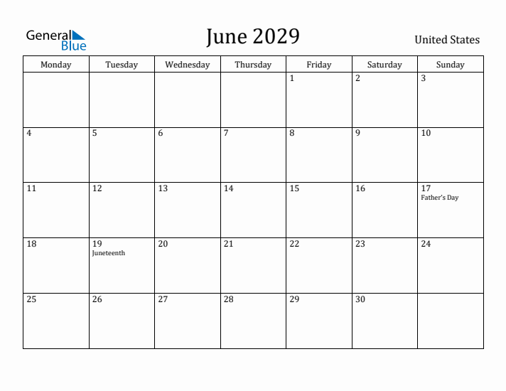 June 2029 Calendar United States