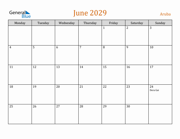 June 2029 Holiday Calendar with Monday Start