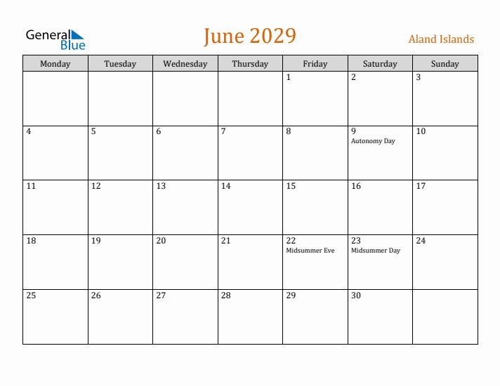 June 2029 Holiday Calendar with Monday Start