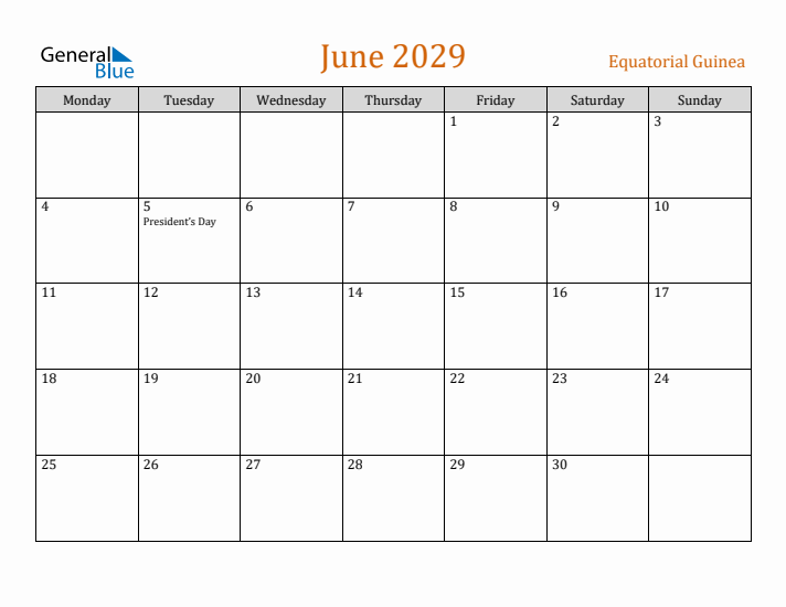 June 2029 Holiday Calendar with Monday Start