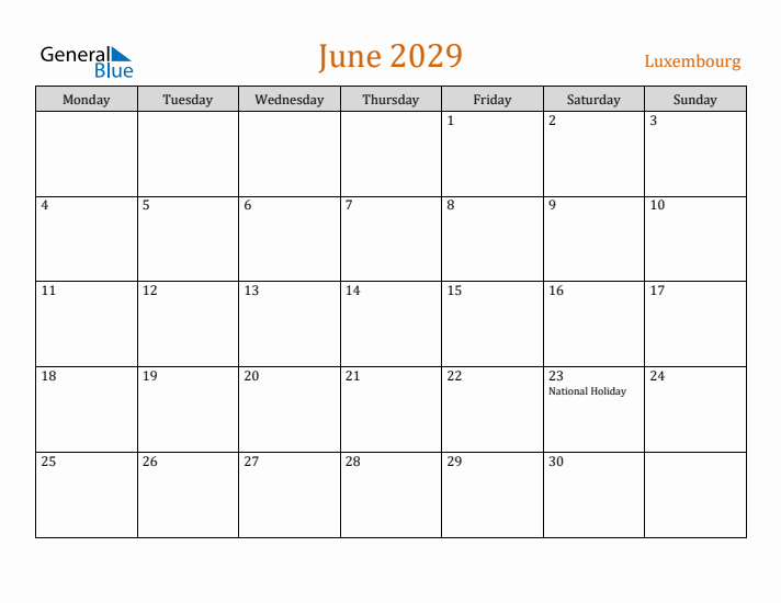 June 2029 Holiday Calendar with Monday Start