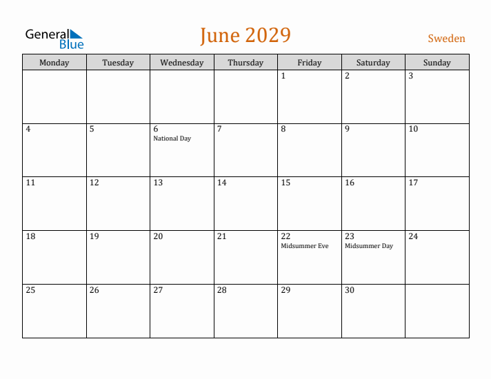 June 2029 Holiday Calendar with Monday Start