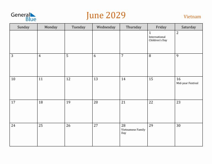 June 2029 Holiday Calendar with Sunday Start