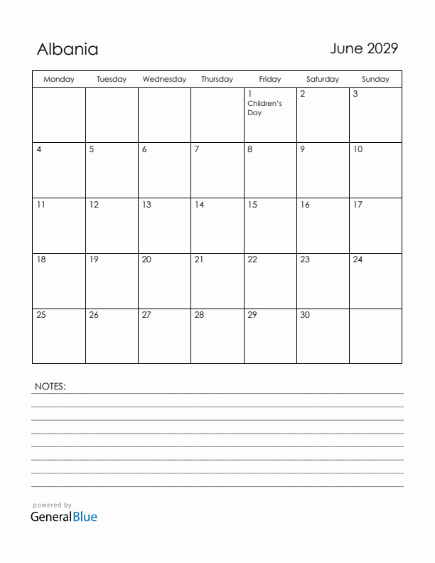 June 2029 Albania Calendar with Holidays (Monday Start)