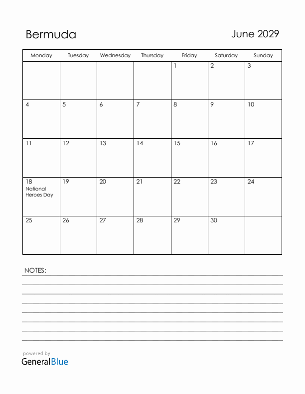 June 2029 Bermuda Calendar with Holidays (Monday Start)