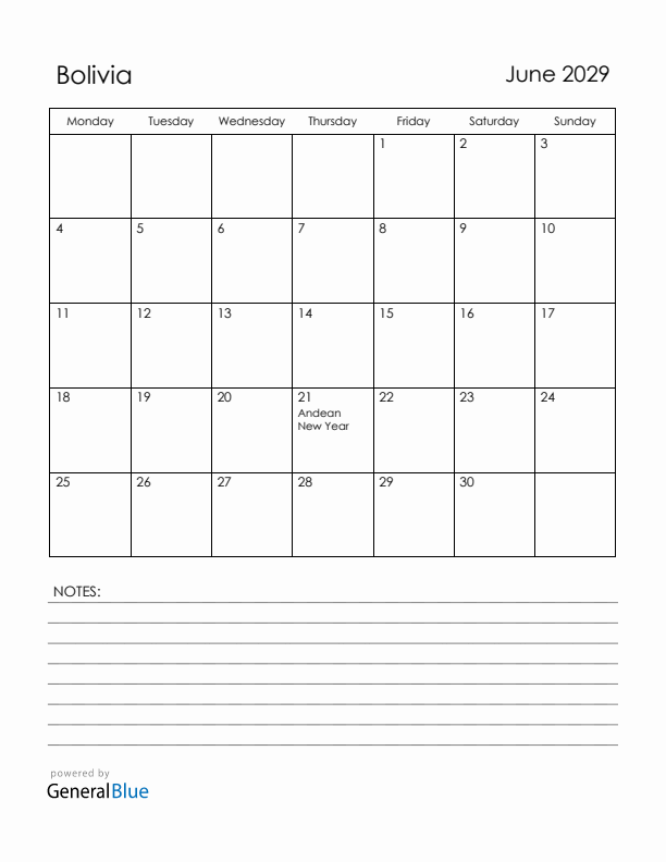June 2029 Bolivia Calendar with Holidays (Monday Start)