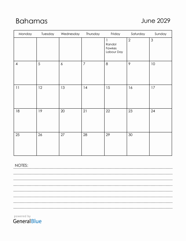 June 2029 Bahamas Calendar with Holidays (Monday Start)