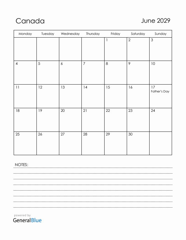 June 2029 Canada Calendar with Holidays (Monday Start)