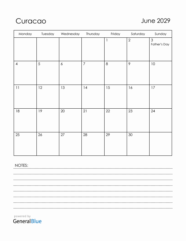 June 2029 Curacao Calendar with Holidays (Monday Start)
