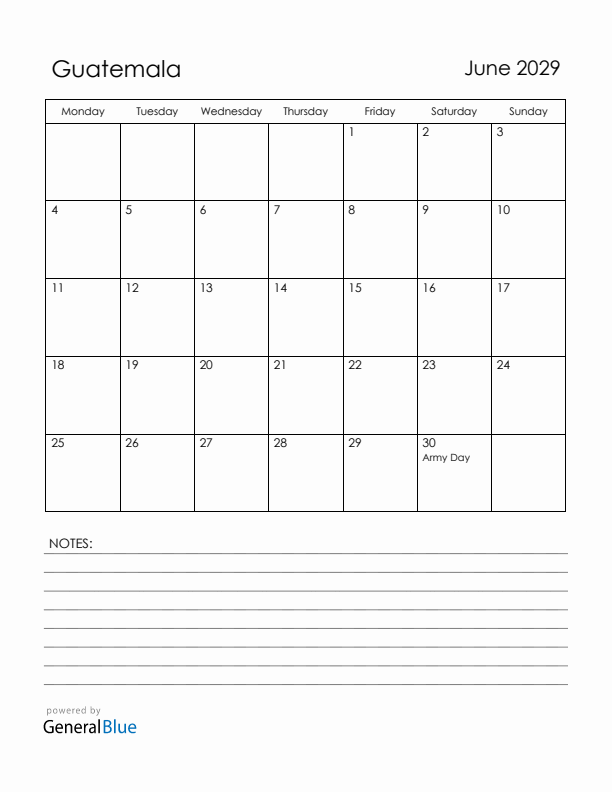 June 2029 Guatemala Calendar with Holidays (Monday Start)