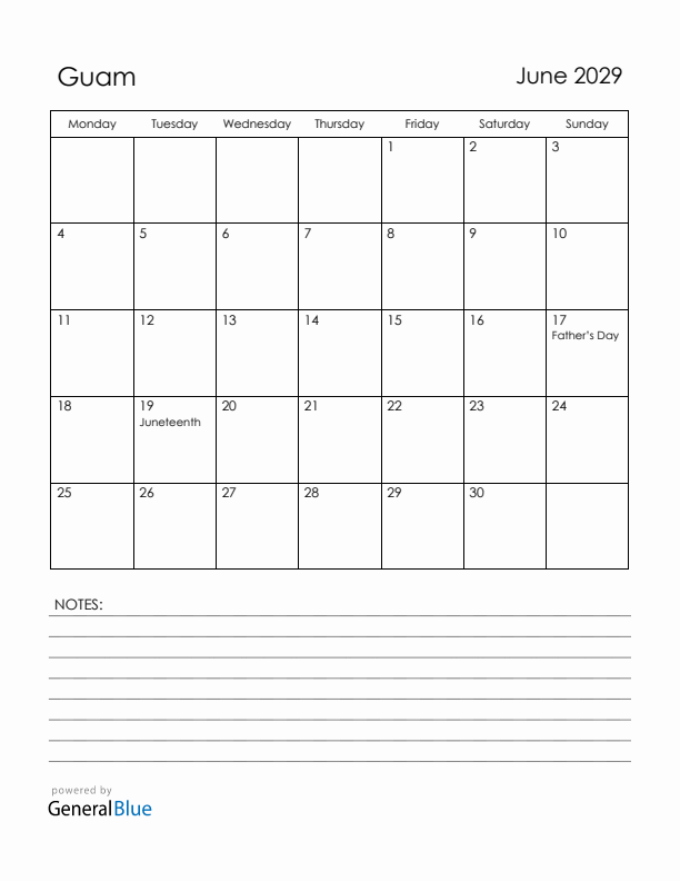 June 2029 Guam Calendar with Holidays (Monday Start)