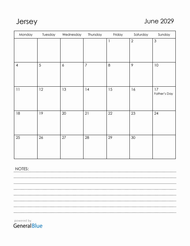 June 2029 Jersey Calendar with Holidays (Monday Start)
