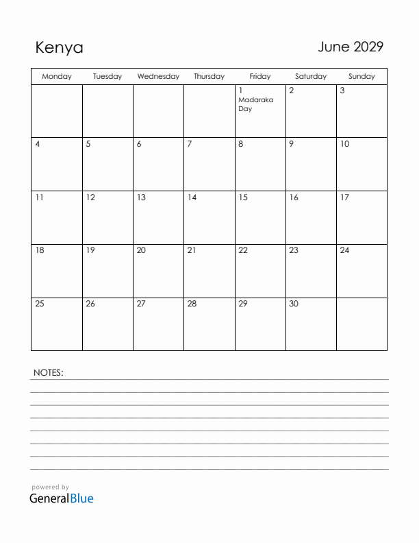June 2029 Kenya Calendar with Holidays (Monday Start)