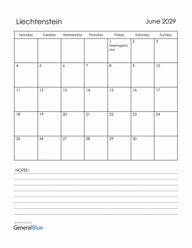 June 2029 Liechtenstein Calendar with Holidays (Monday Start)