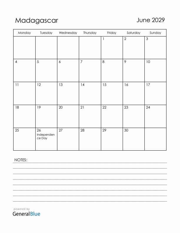 June 2029 Madagascar Calendar with Holidays (Monday Start)