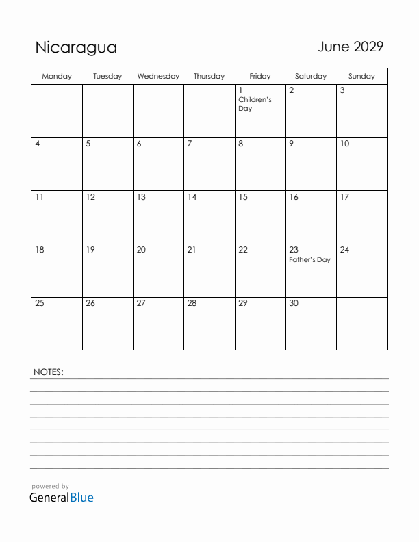 June 2029 Nicaragua Calendar with Holidays (Monday Start)