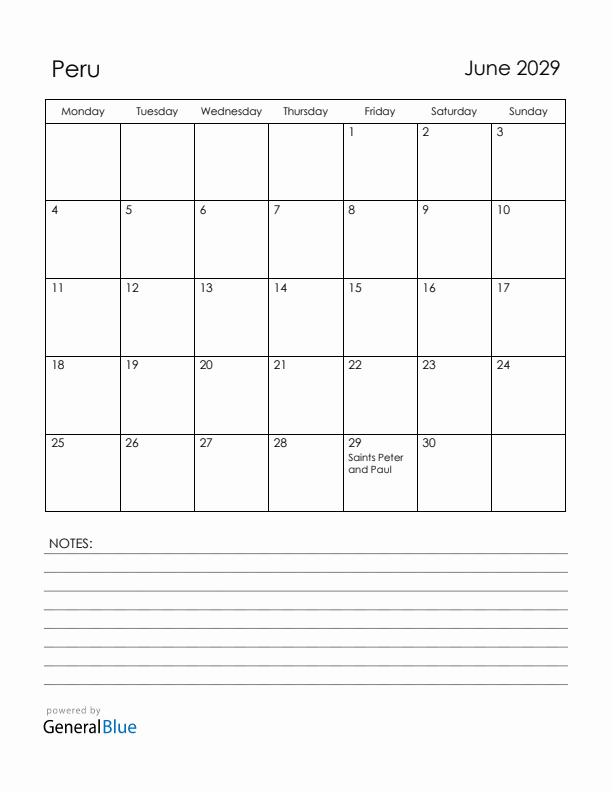 June 2029 Peru Calendar with Holidays (Monday Start)