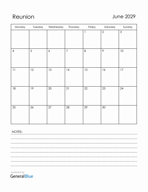 June 2029 Reunion Calendar with Holidays (Monday Start)