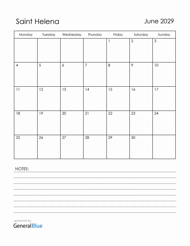 June 2029 Saint Helena Calendar with Holidays (Monday Start)