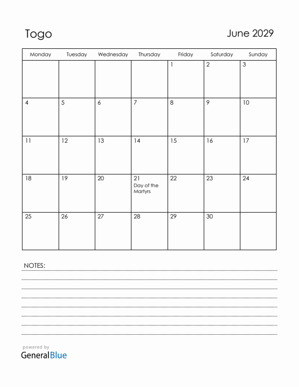 June 2029 Togo Calendar with Holidays (Monday Start)