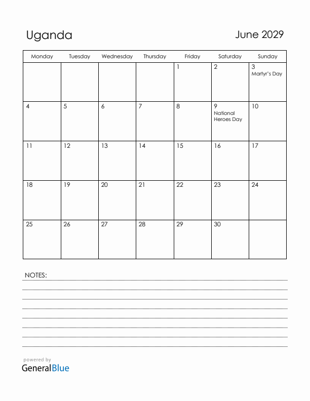 June 2029 Uganda Calendar with Holidays (Monday Start)