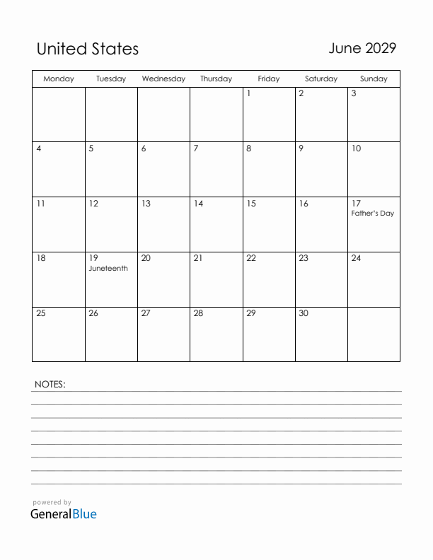 June 2029 United States Calendar with Holidays (Monday Start)