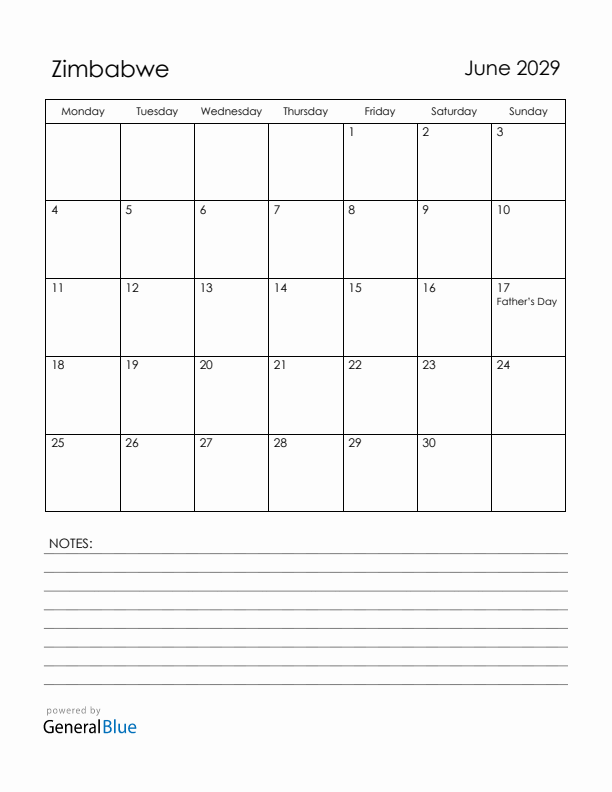 June 2029 Zimbabwe Calendar with Holidays (Monday Start)