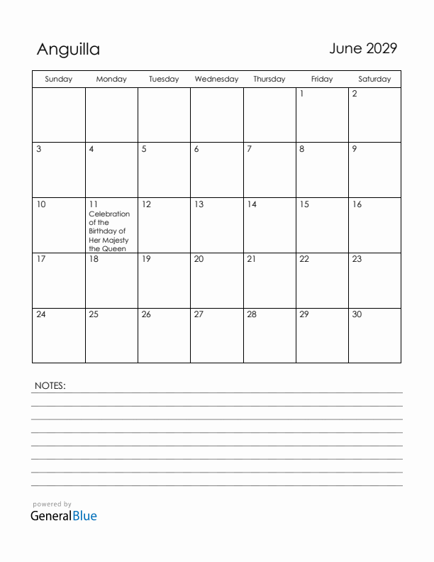 June 2029 Anguilla Calendar with Holidays (Sunday Start)