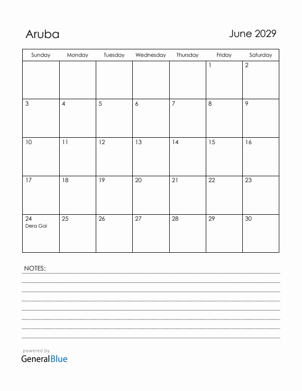 June 2029 Aruba Calendar with Holidays (Sunday Start)