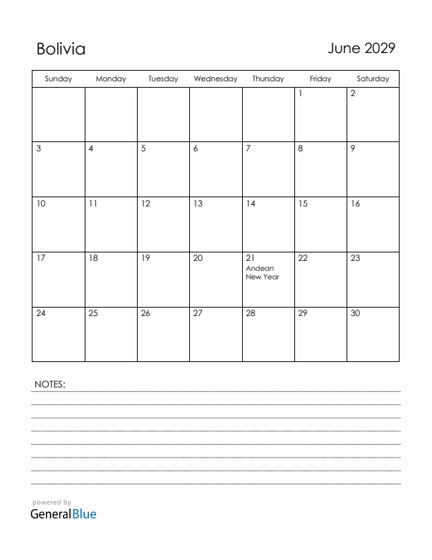 June 2029 Bolivia Calendar with Holidays (Sunday Start)