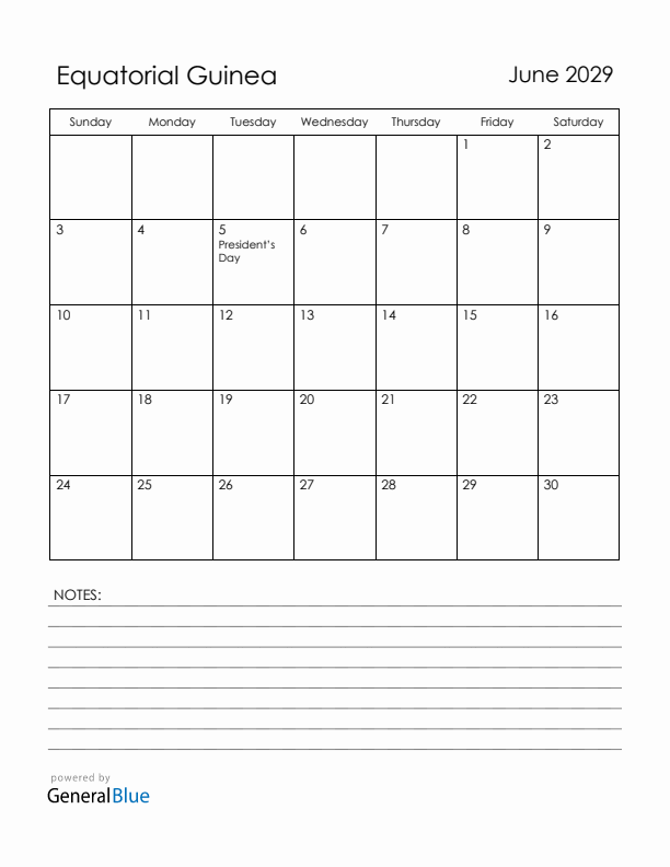 June 2029 Equatorial Guinea Calendar with Holidays (Sunday Start)